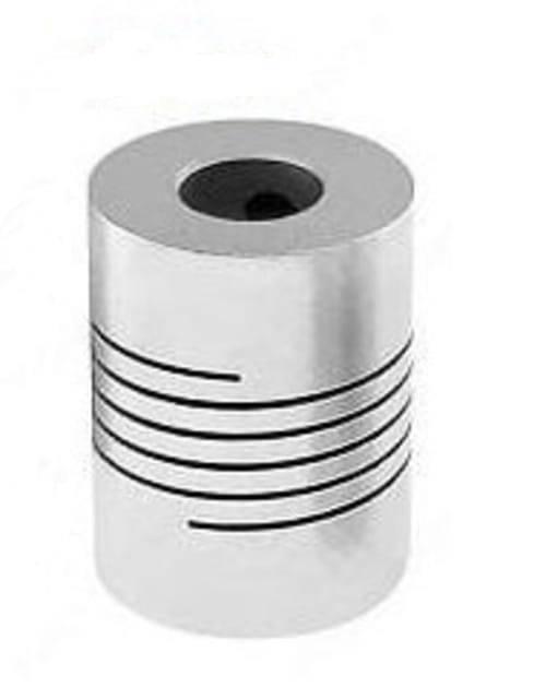 6x8mm Flexible Coupling Shaft - a cylindrical silver metal connector featuring a helical cut pattern along its body and a circular opening at the top.