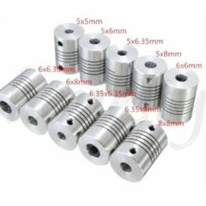 6x8mm Flexible Coupling Shaft - shown as a collection of silver-coloured cylindrical metal shaft couplers with various bore sizes labeled in text.