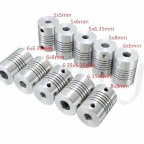 6x8mm Flexible Coupling Shaft - shown as a collection of silver-coloured cylindrical metal shaft couplers with various bore sizes labeled in text.