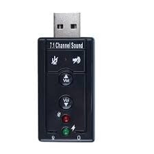 7.1 Channel USB External Sound Adapter - a black rectangular USB device featuring volume control buttons, mute icons, and red and green LED indicators.