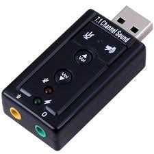 7.1 Channel USB External Sound Adapter - a black rectangular device with a USB connector, volume buttons, mute buttons, and two audio ports.