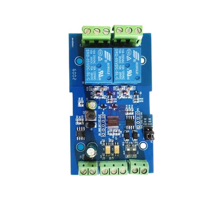 7-24V Modbus Rtu 2-way Relay Module Switch Input/output RS485/TTL Anti-reversing - a blue circuit board with two blue relays, green screw terminals, and multiple electronic components.