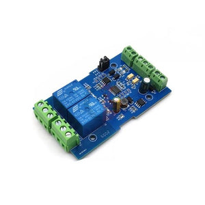 7-24V Modbus Rtu 2-way Relay Module Switch Input/output RS485/TTL Anti-reversing - a blue rectangular circuit board with two relays, green screw terminal blocks, and electronic components.