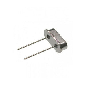7.37MHz Crystal Oscillator - a silver-coloured, oval-shaped metallic component with two thin, straight metal pins extending from its base.