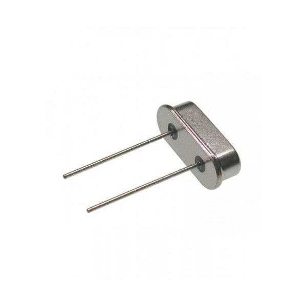 7.37MHz Crystal Oscillator - a silver-coloured, oval-shaped metallic component with two thin, straight metal pins extending from its base.