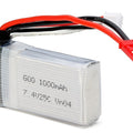 7.4V 1000mAh 25C LiPo Battery - a rectangular silver battery pack with red and black wires featuring a red JST connector and a white balance charging plug.