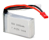 7.4V 1000mAh 25C LiPo Battery - a rectangular silver battery pack with red and black wires featuring a red JST connector and a white balance charging plug.