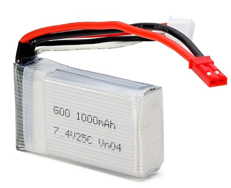 7.4V 1000mAh 25C LiPo Battery - a rectangular silver battery pack with red and black wires featuring a red JST connector and a white balance charging plug.
