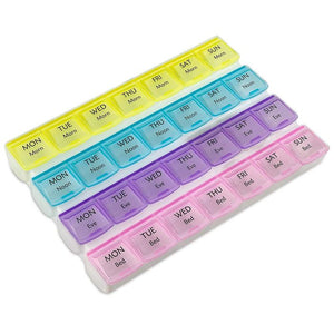 7 Days Weekly 28 Slots Travel Pill Box Organizer And Medicine Holder Case Medicine Organizer - four rows of seven colorful, translucent plastic compartments labeled by day and time of day.