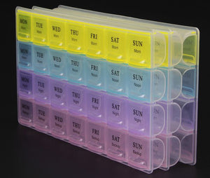 7 Days Weekly 28 Slots Travel Pill Box Organizer And Medicine Holder Case Medicine Organizer - a rectangular, multi-colored plastic container with four rows labeled by day and time of day.