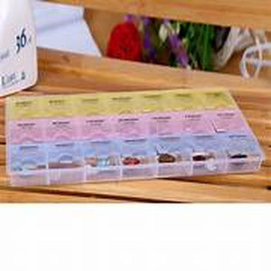7 Days Weekly 28 Slots Travel Pill Box Organizer And Medicine Holder Case Medicine Organizer - a rectangular, multi-coloured plastic case with four rows of seven individual hinged compartments.