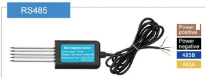 7 In 1 Soil Integrated Sensor Ec Ph Npk Moisture Temperature Meter - a black rectangular housing with five metal probes, a black cable, and four color-coded wires labeled for RS485.