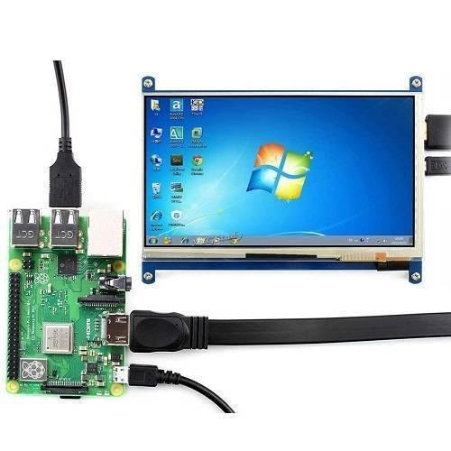 7 Inch HDMI Capacitive Touch LCD Screen For Raspberry - connected to a Raspberry Pi board via HDMI and USB cables, displaying a Windows desktop.