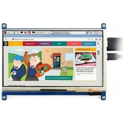 7 Inch HDMI Capacitive Touch LCD Screen For Raspberry - a blue frame and a display with the Raspberry Pi website homepage and two cables attached.