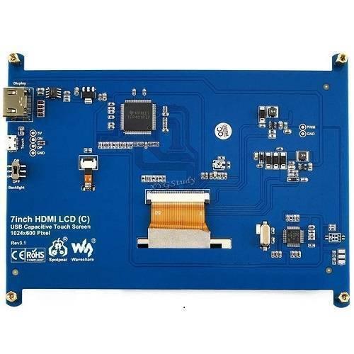 7 Inch HDMI Capacitive Touch LCD Screen For Raspberry - the blue back of the circuit board with HDMI, USB, and backlight switch ports.