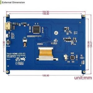 7 Inch HDMI Capacitive Touch LCD Screen For Raspberry - the blue back of the circuit board with dimension annotations and labeled ports.