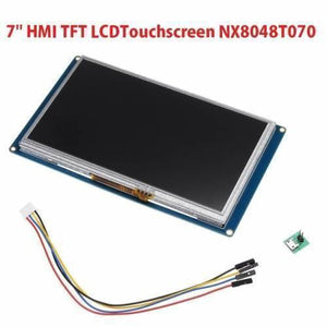 7 Inch Nextion HMI LCD Touch Display Screen NX8048T070 - shown with a black screen, a four-pin connector cable, and a small micro-USB adapter board.