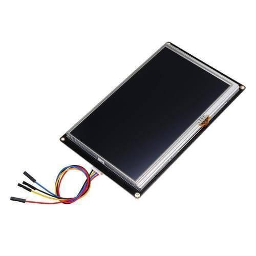 7 Inch Nextion TFT HMI LCD Touchscreen NX8048K070 - a black rectangular display module with a ribbon cable and a four-wire connector with jumper pins.
