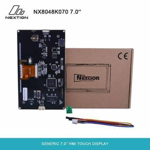 7 Inch Nextion TFT HMI LCD Touchscreen NX8048K070 - shown with its black circuit board, brown cardboard box, small green connector, and a wiring harness.