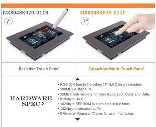 7 Inch Nextion TFT HMI LCD Touchscreen NX8048T070-011R - a comparison between a resistive touch panel with a stylus and a capacitive multi-touch panel with a finger.