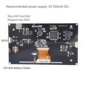 7 Inch Nextion TFT HMI LCD Touchscreen NX8048T070-011R - the back of the black circuit board with a micro SD card slot, GPIO pins, a CR1220 battery holder, and a ribbon cable.