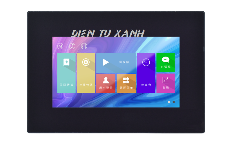 7 Inch Tjc TFT HMI LCD Touchscreen-Digilog.pk - a black-framed rectangular display showing a colorful graphical user interface with various icons and Chinese text.