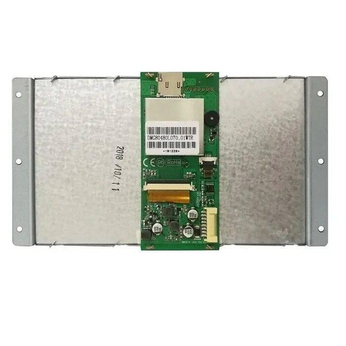 7 Inch Touch Screen Monitor 800x480 TFT LCD Display Screen Touchscreen Dwin DM80480L070_01WTR Module - the green circuit board mounted on the back of the metallic display frame with visible ports.