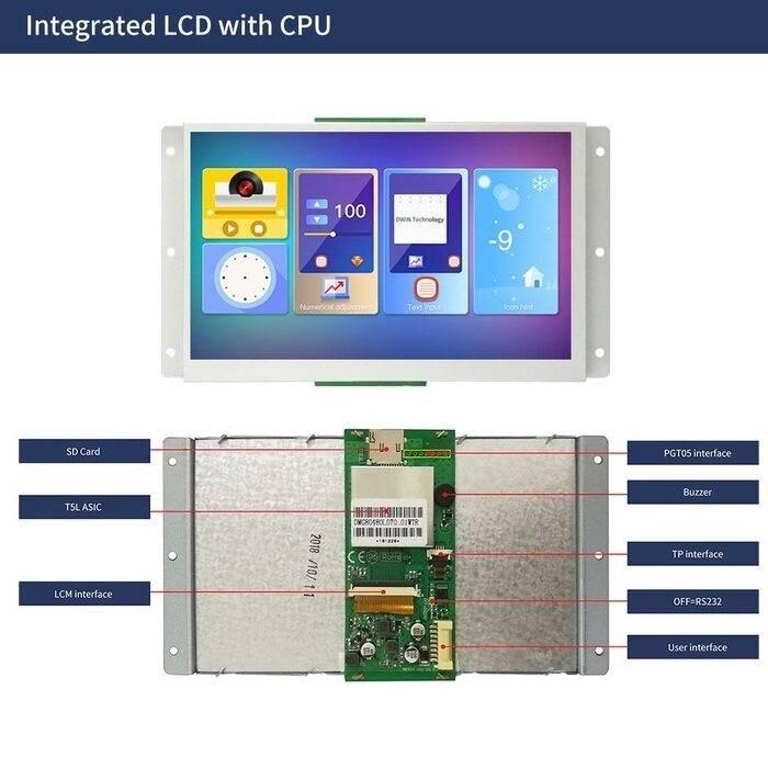 7 Inch Touch Screen Monitor 800x480 TFT LCD Display Screen Touchscreen Dwin DM80480L070_01WTR Module - the front display with a colorful UI and the back circuit board with labeled ports and connectors.