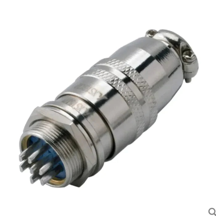 7 Pin 12mm Mic Circular Connector - shown as a silver-coloured metal cylindrical plug featuring seven protruding pins and a threaded locking collar.