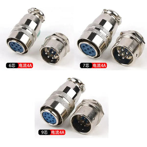 7 Pin 12mm Mic Circular Connector - three sets of silver-colored metal aviation plugs and sockets with 6, 7, and 9 pin configurations.