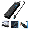 7-port Expander USB 3.0 Hub With Independent Switch Plug & Play - a black rectangular hub with seven blue USB ports, individual power buttons, and a USB connector.
