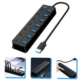 7-port Expander USB 3.0 Hub With Independent Switch Plug & Play - a black rectangular hub with seven blue USB ports, individual power buttons, and a USB connector.
