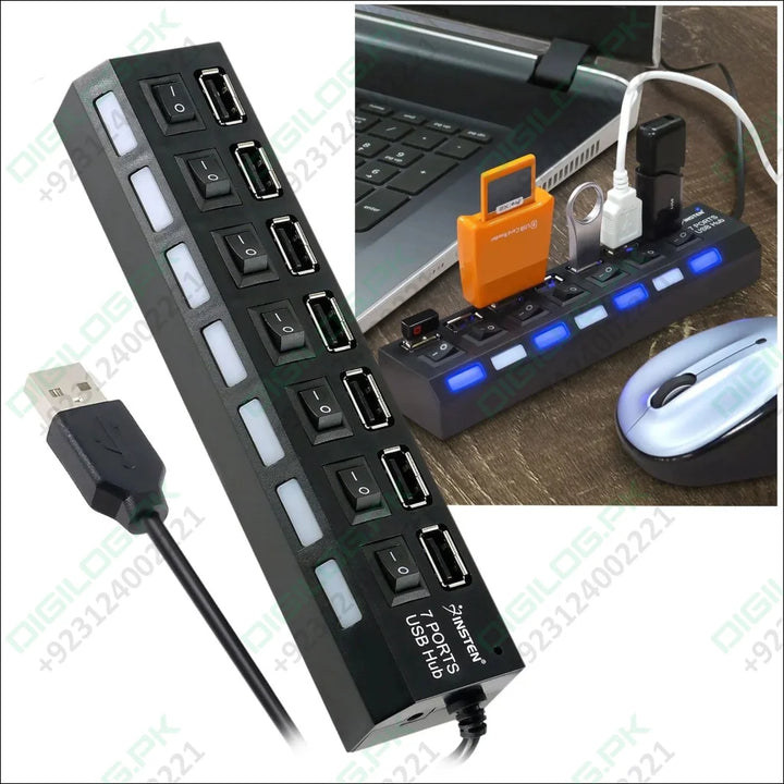 7 Port USB Hub,480Mbps No Conflict Plug & Play USB 2.0 Charger Hub with 7 Independent Switches and Multi-Level