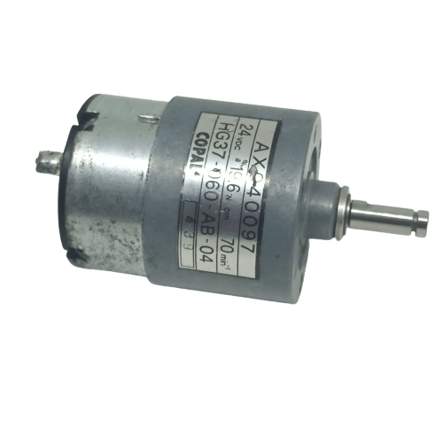 70 RPM DC 2V To 24V Center Shaft DC Gear Motor AX940097 - a grey cylindrical geared motor with a metal shaft and a label displaying technical specifications.