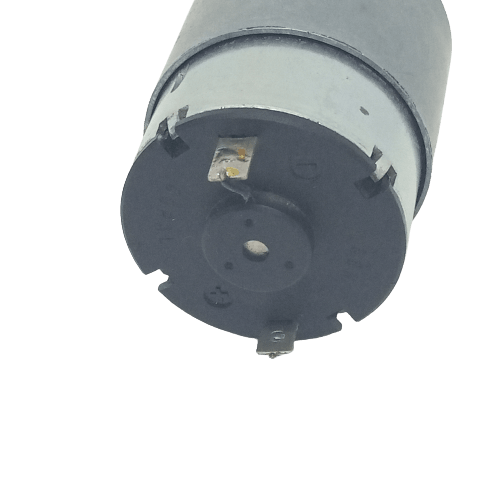 70 RPM DC 2V To 24V Center Shaft DC Gear Motor AX940097 - a close-up of the black plastic rear end with two metal terminals and a central shaft.