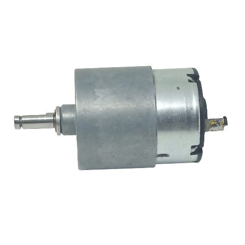 70 RPM DC 2V To 24V Center Shaft DC Gear Motor AX940097 - a silver cylindrical motor with a metal shaft extending from one end and a connector terminal.
