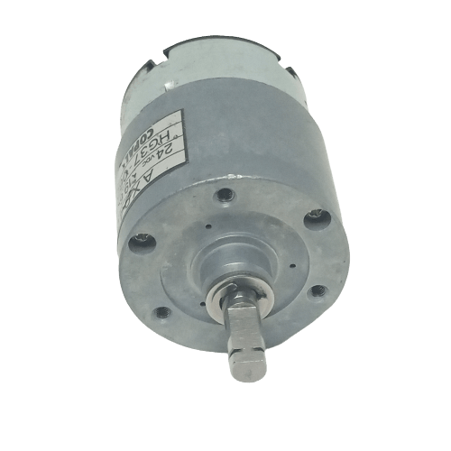 70 RPM DC 2V To 24V Center Shaft DC Gear Motor AX940097 - a silver cylindrical motor with a D-shaped output shaft and a label showing model text.