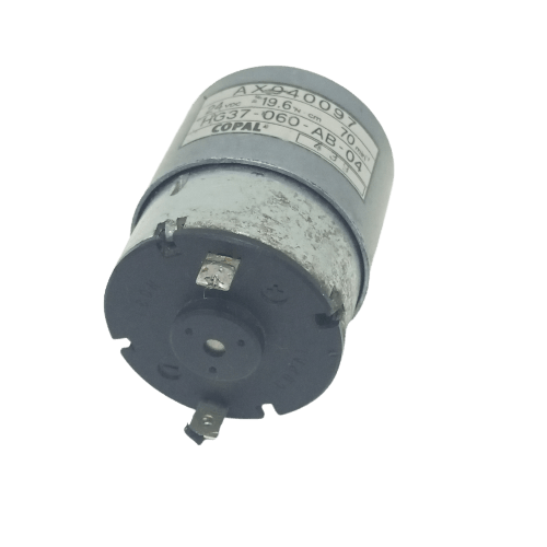 70 RPM DC 2V To 24V Center Shaft DC Gear Motor AX940097 - a silver cylindrical motor with a black plastic end cap featuring two metal electrical terminals and a center shaft.