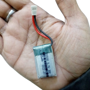 700mAh Lithium Polymer(LiPo) Battery - held in a hand, showing a rectangular silver cell with a white two-pin connector and red and black wires.