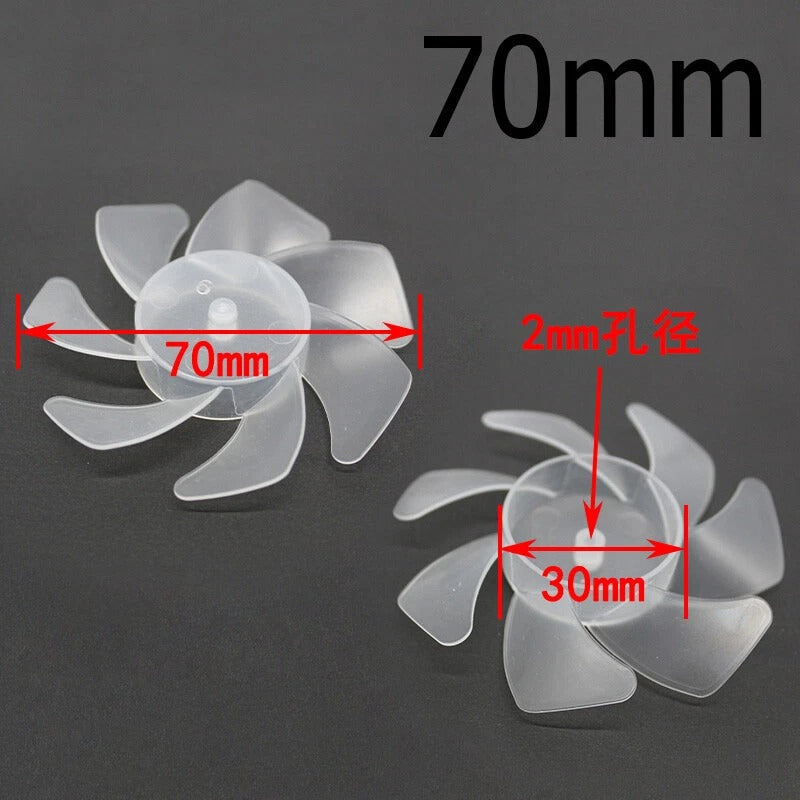 70mm 7 Blade Hard Plastic Fan Propeller Fan Wing Fan Blade Fan Par For 3V 5V 6V 9V 12V Motors - shown in a dimension diagram with two clear plastic fan blades and red arrows indicating 70mm and 30mm sizes.