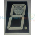 70mm Common Anode 7 Segment LED Display - a black rectangular component with white segments and a Pakistani 2-rupee coin placed on top for scale.
