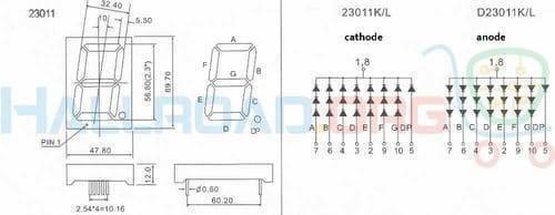 70mm Common Anode 7 Segment LED Display - a technical specification diagram with dimensions, pinouts, and schematic symbols for cathode and anode.