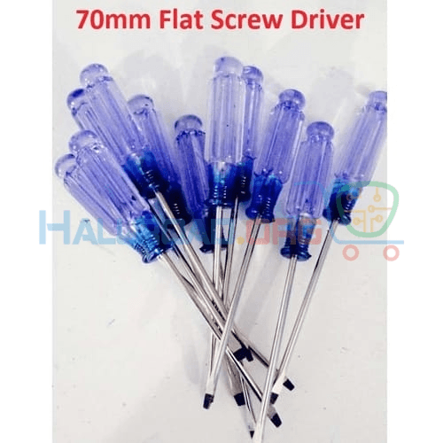 70mm Flat Head Screwdriver Thin Flat Blade Tip Edge - a cluster of small handheld tools with thin metal flat-blade tips and transparent blue plastic handles.