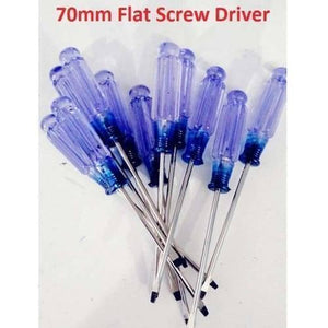 70mm Flat Head Screwdriver Thin Flat Blade Tip Edge - collection of multiple screwdrivers with transparent blue plastic handles and thin metal flat-head blades.
