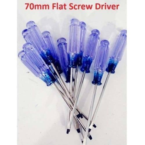 70mm Flat Head Screwdriver Thin Flat Blade Tip Edge - collection of multiple screwdrivers with transparent blue plastic handles and thin metal flat-head blades.