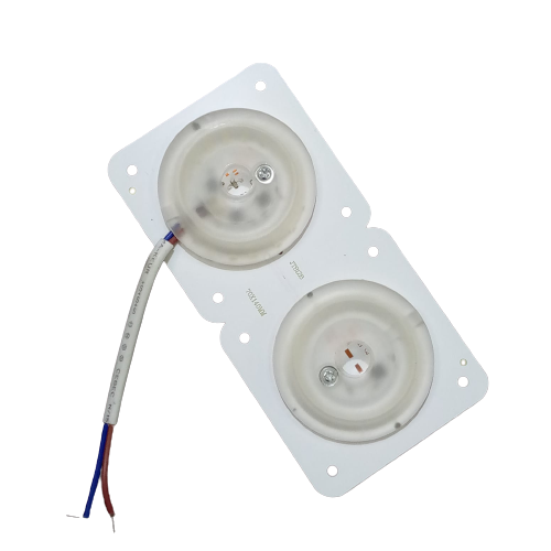 70MMX140MM LED Light Modules Bulb Magnet Easy Install 220V 24W - a white rectangular board with two circular LED modules and a two-wire power cable.