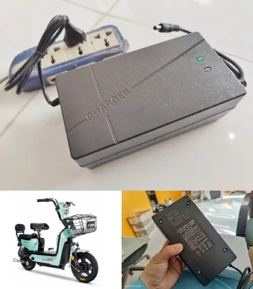 72V-84V 5A Ebike Electric Bicycle Charger Lithium Battery Smart Charger - a black rectangular power brick with two LED indicators, a power cord, and a DC output connector.
