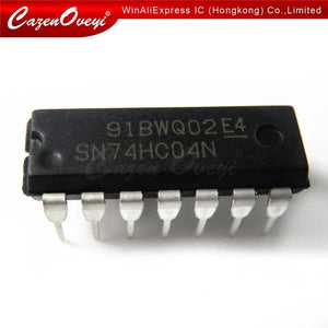 7404 74LS04 74LS04 Hex Inverter IC - a black, rectangular electronic component with seven metal pins visible along one side and printed text.