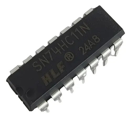 7411 SN74HC11N Triple 3-Input AND Gate IC - a black rectangular electronic component with metal pins along both sides and white text on top.