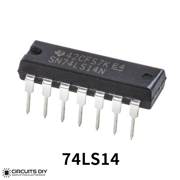 7414 74LS14 Schmitt Trigger Hex Inverter IC - a black 14-pin dual in-line package integrated circuit with silver pins, viewed from an elevated angle.